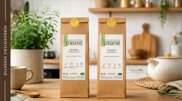 Sachets de bourdaine et de guimauve présentés dans une cuisine, en accompagnement d’un guide sur l’échelle de Bristol et le transit intestinal - Herboristerie Sensathé